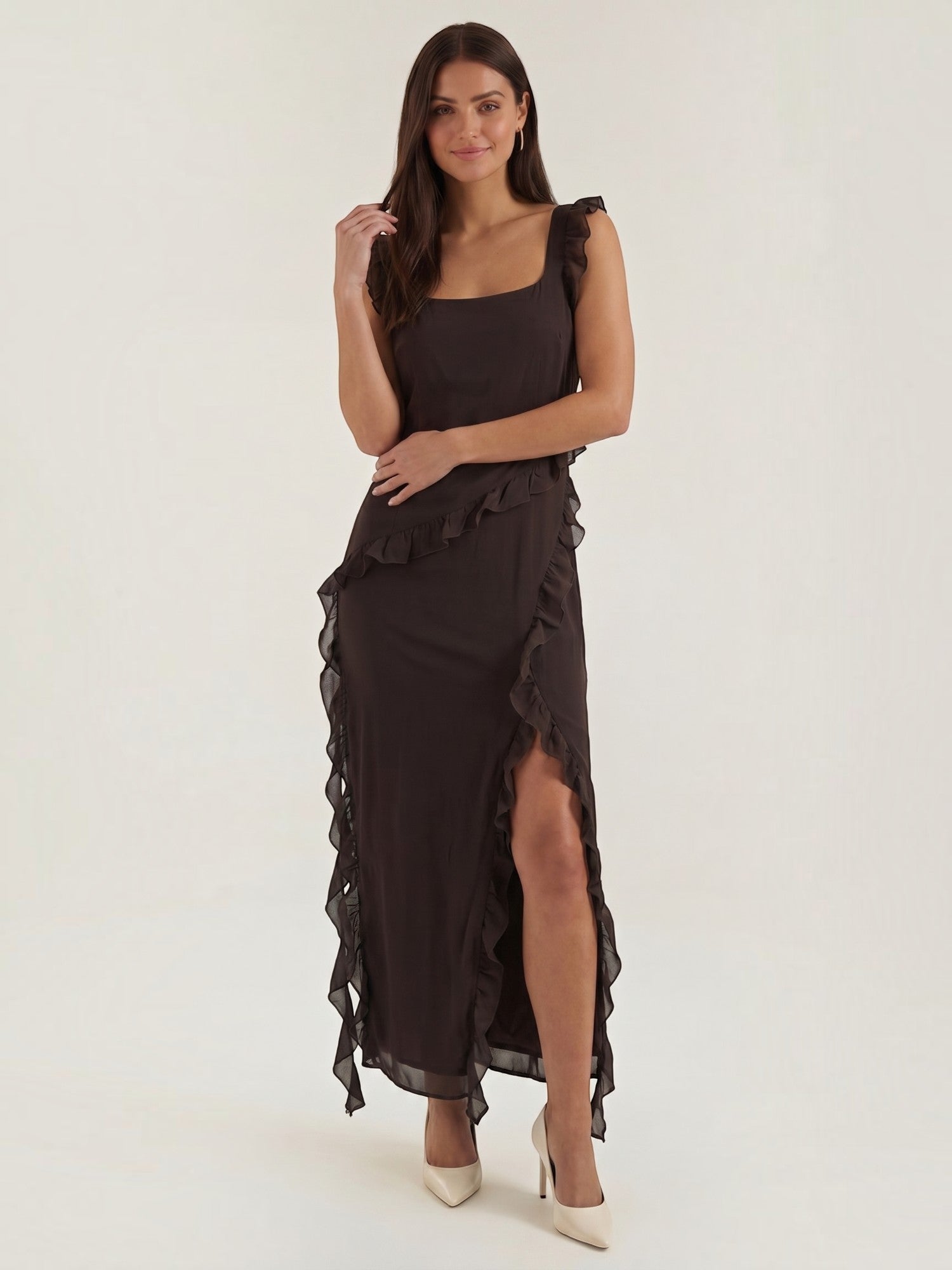 Ruffle Maxi Dress – Sleeveless Square Neck with Side Slit