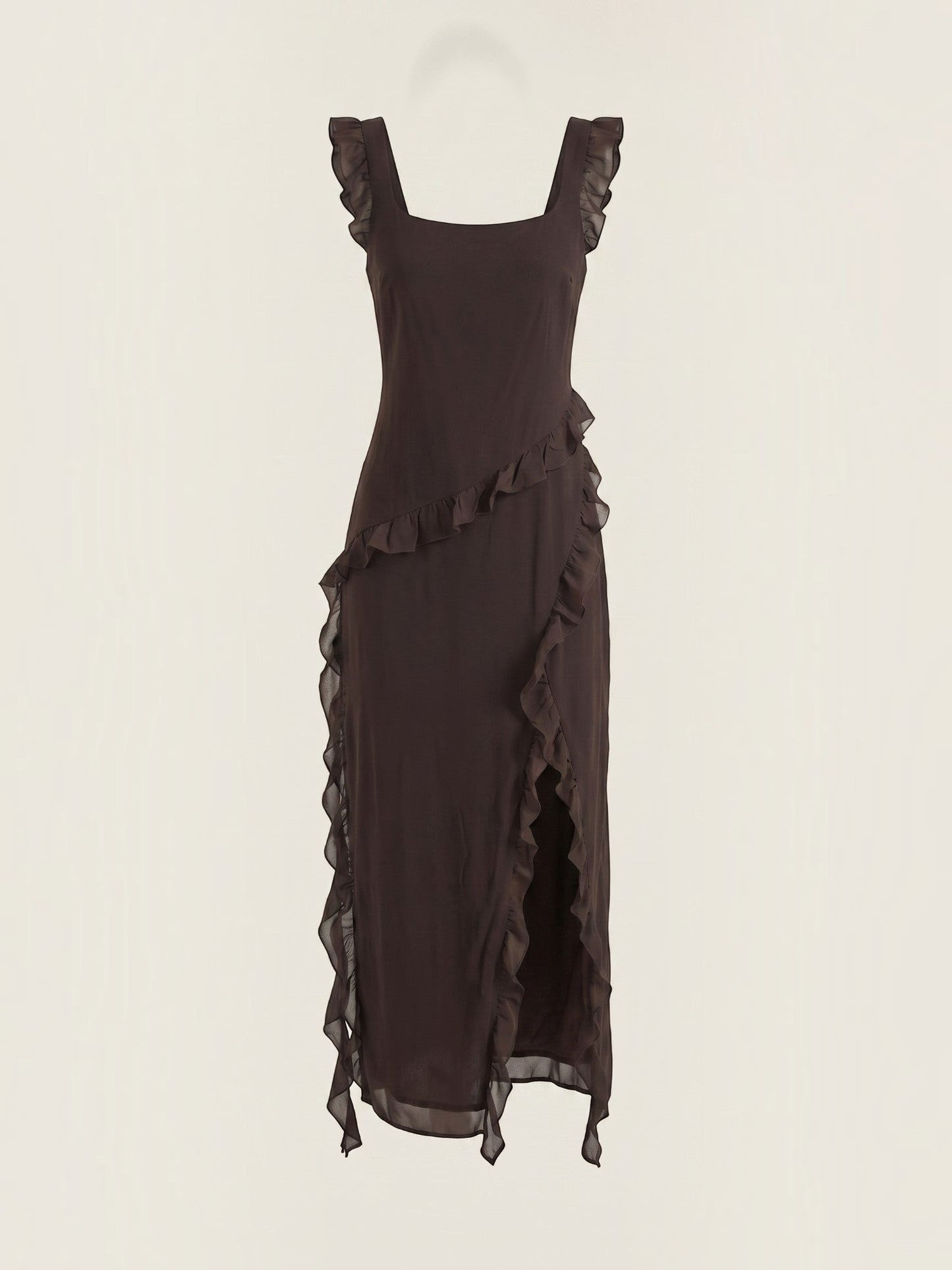 Ruffle Maxi Dress – Sleeveless Square Neck with Side Slit