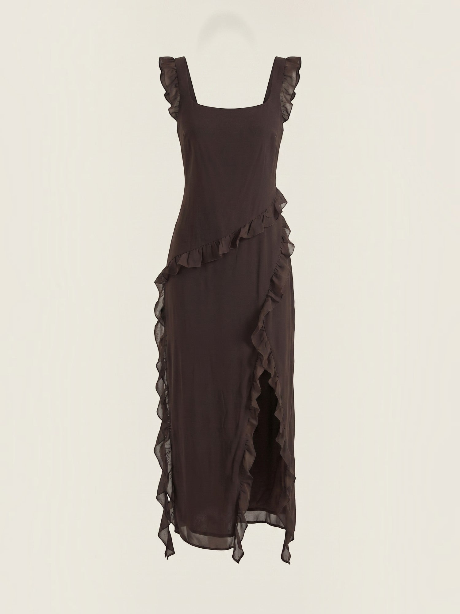 Ruffle Maxi Dress – Sleeveless Square Neck with Side Slit