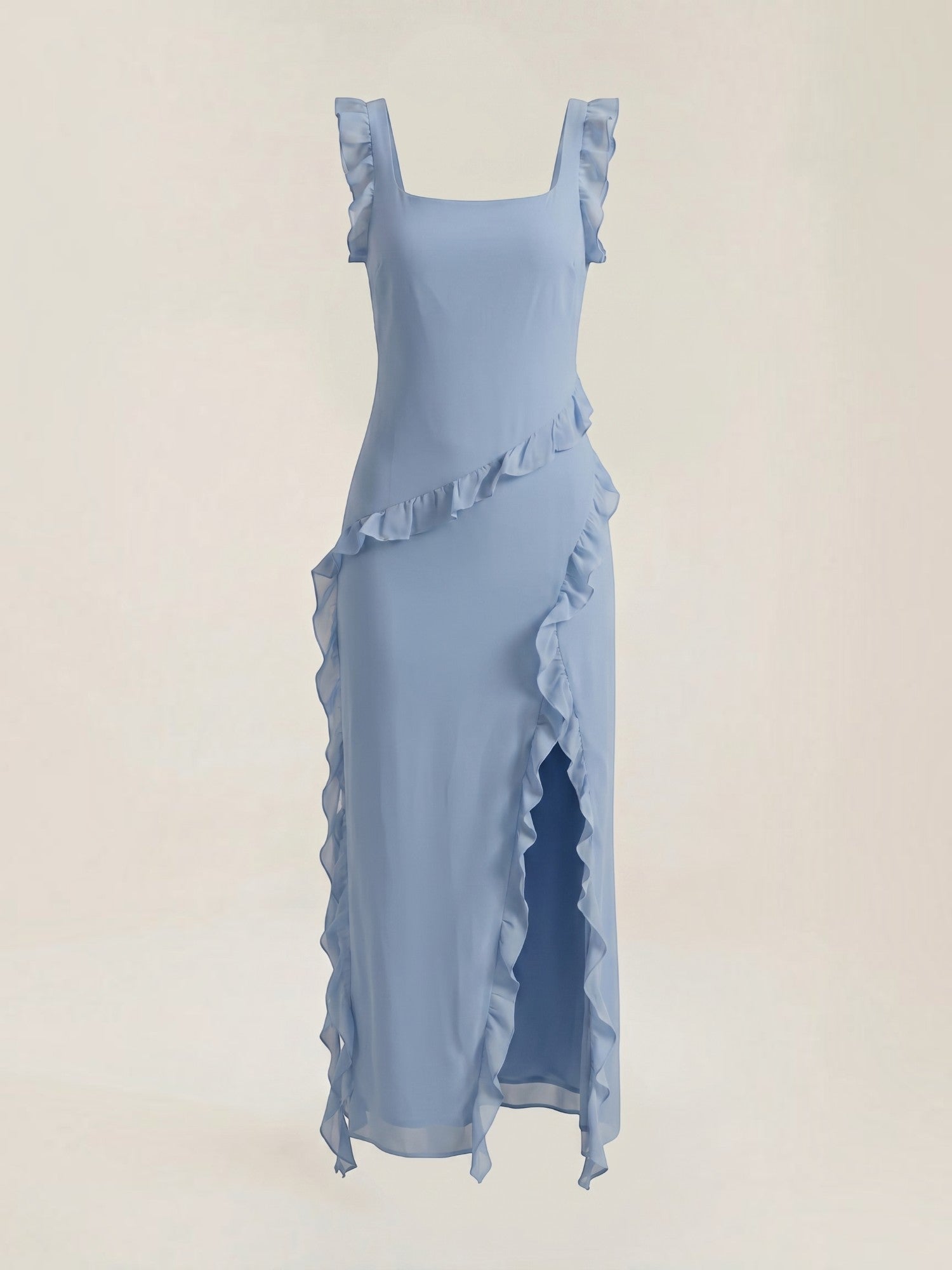 Ruffle Maxi Dress – Sleeveless Square Neck with Side Slit