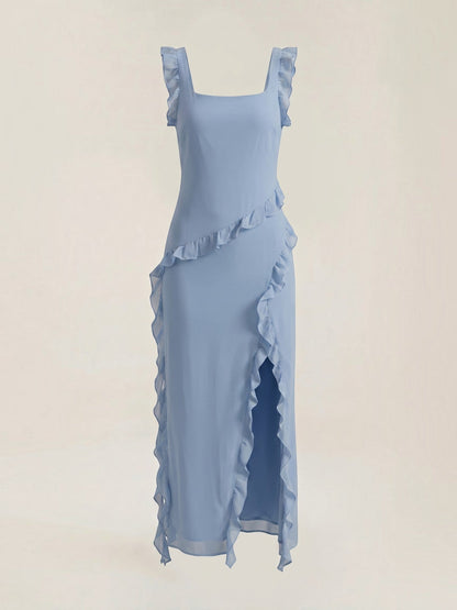 Ruffle Maxi Dress – Sleeveless Square Neck with Side Slit