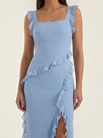 Ruffle Maxi Dress – Sleeveless Square Neck with Side Slit