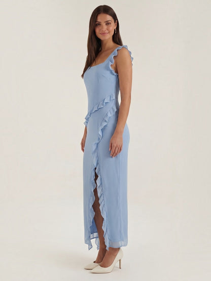 Ruffle Maxi Dress – Sleeveless Square Neck with Side Slit
