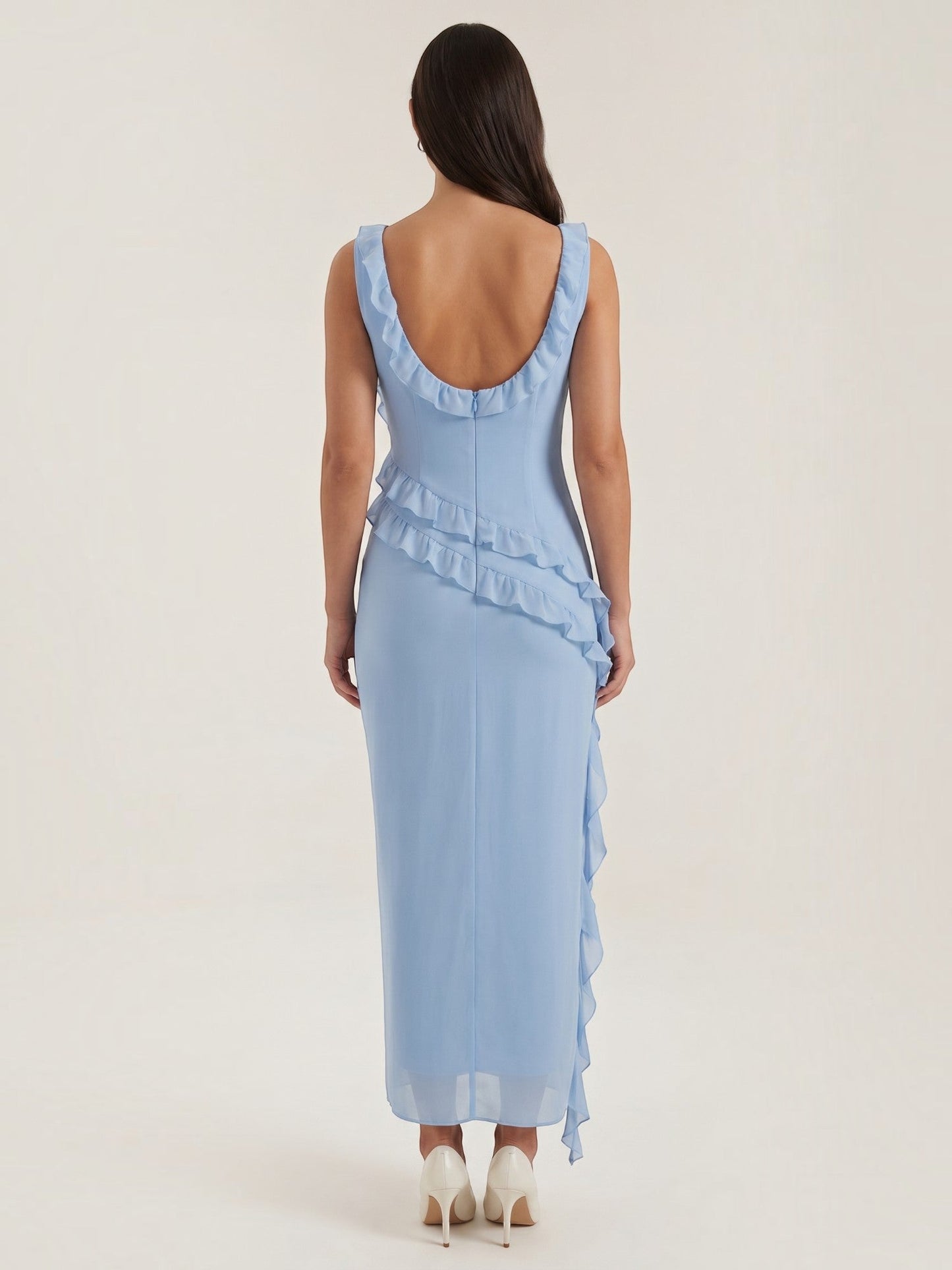 Ruffle Maxi Dress – Sleeveless Square Neck with Side Slit