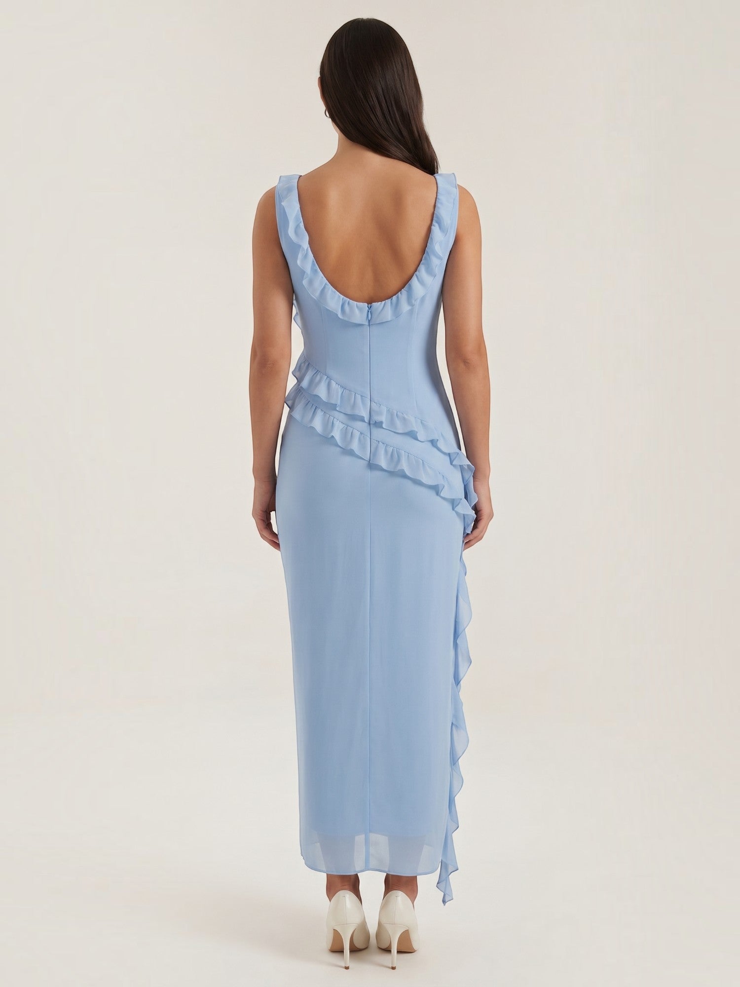 Ruffle Maxi Dress – Sleeveless Square Neck with Side Slit