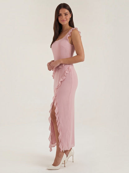 Ruffle Maxi Dress – Sleeveless Square Neck with Side Slit