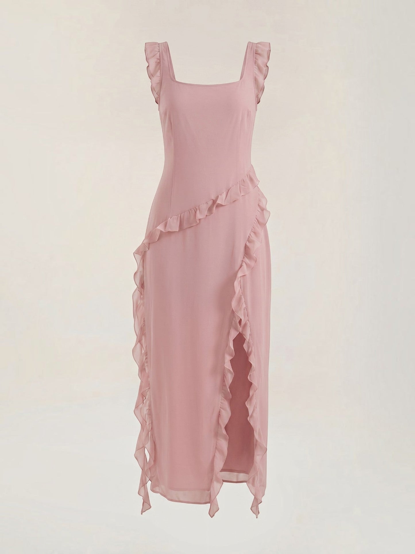 Ruffle Maxi Dress – Sleeveless Square Neck with Side Slit