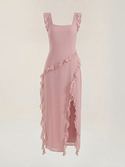 Ruffle Maxi Dress – Sleeveless Square Neck with Side Slit