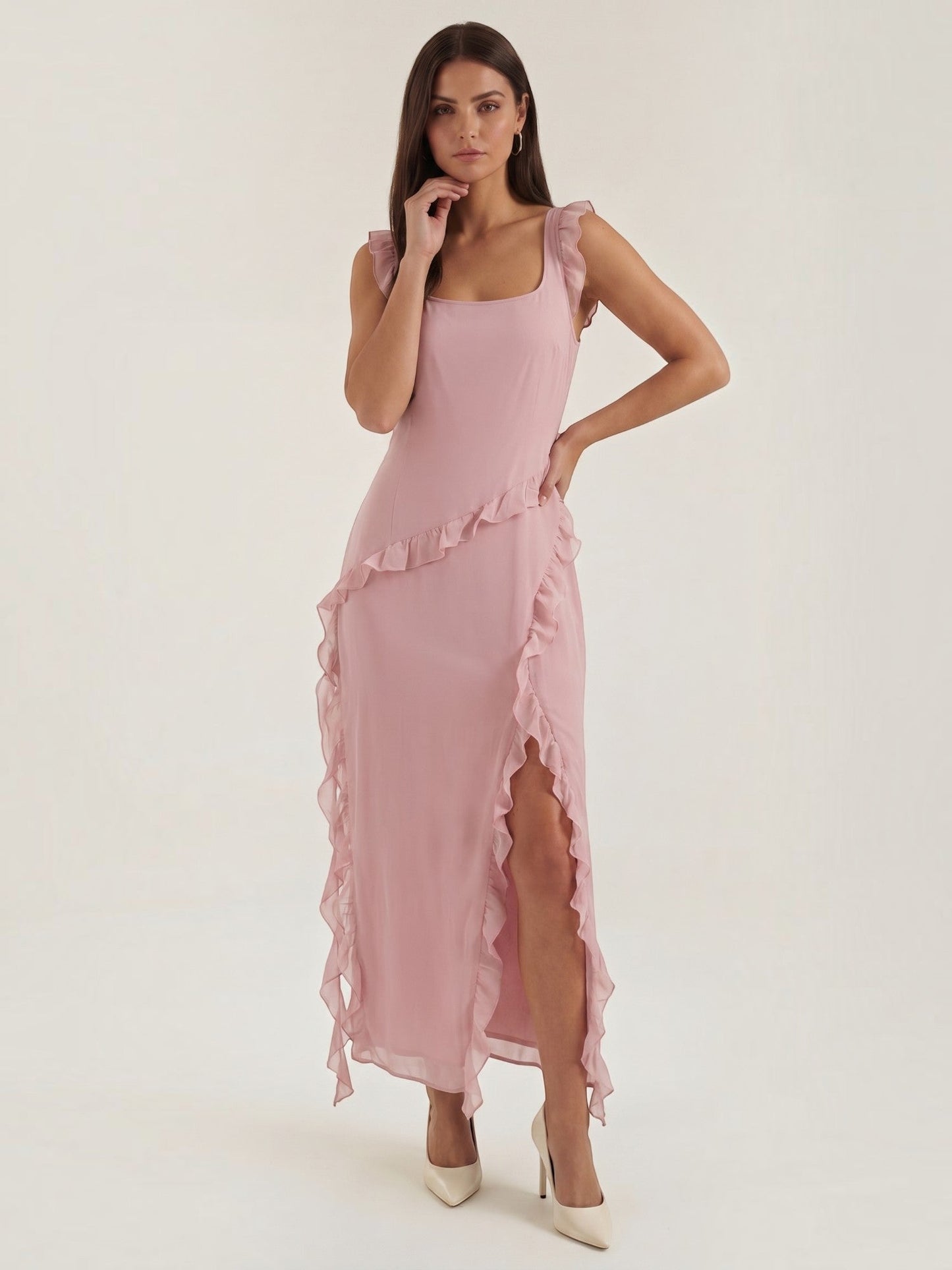 Ruffle Maxi Dress – Sleeveless Square Neck with Side Slit