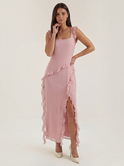 Ruffle Maxi Dress – Sleeveless Square Neck with Side Slit