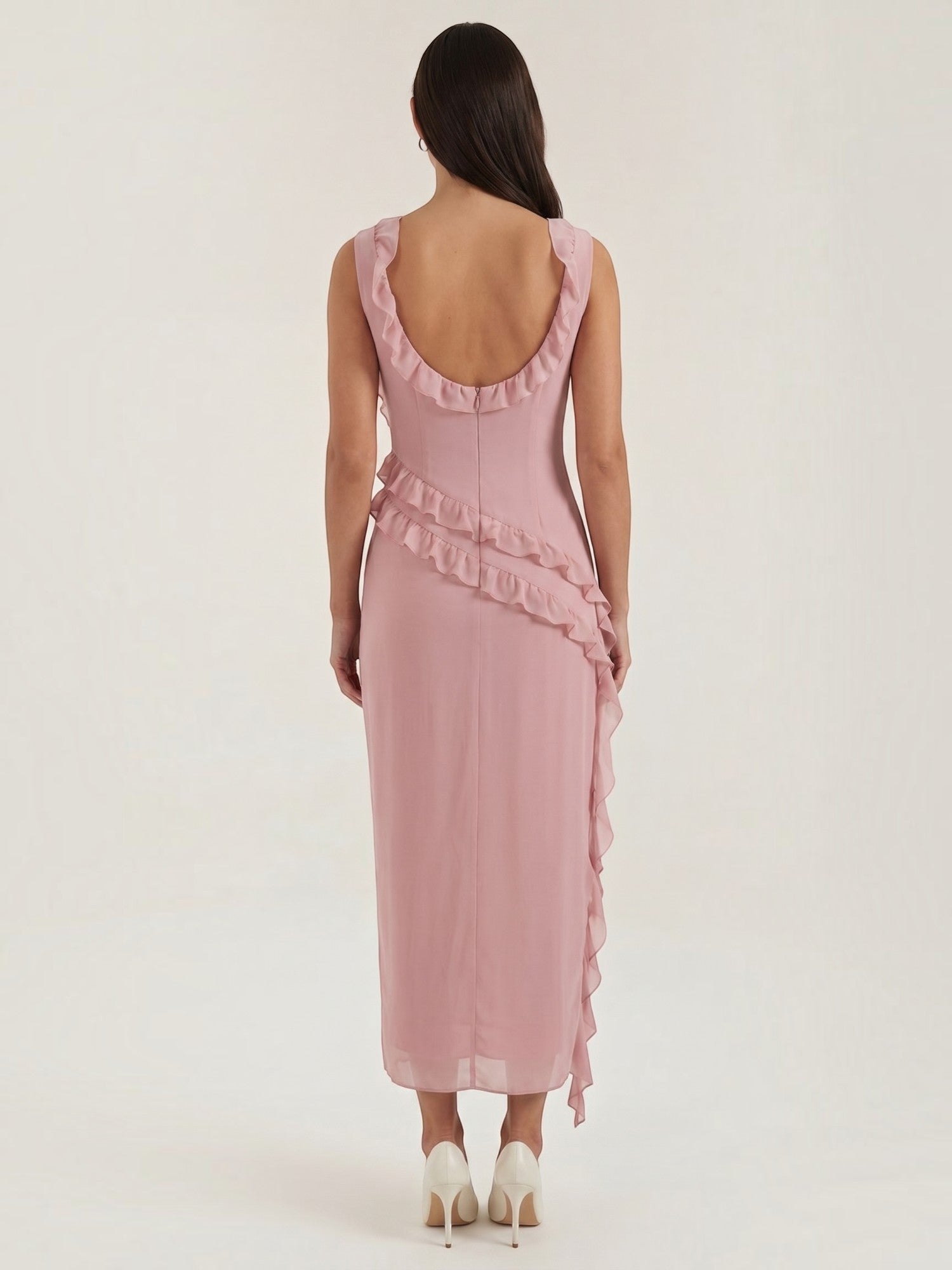 Ruffle Maxi Dress – Sleeveless Square Neck with Side Slit