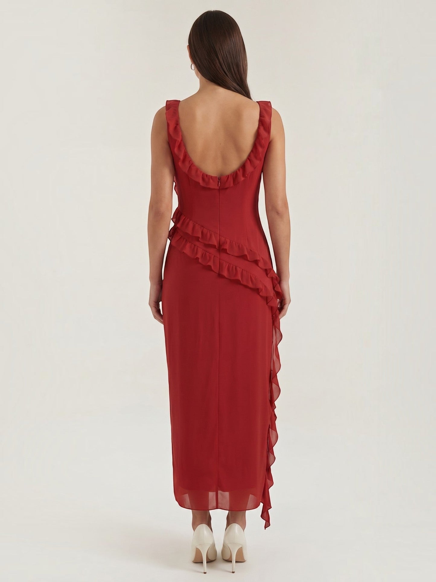 Ruffle Maxi Dress – Sleeveless Square Neck with Side Slit