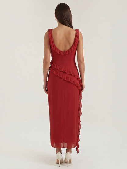 Ruffle Maxi Dress – Sleeveless Square Neck with Side Slit