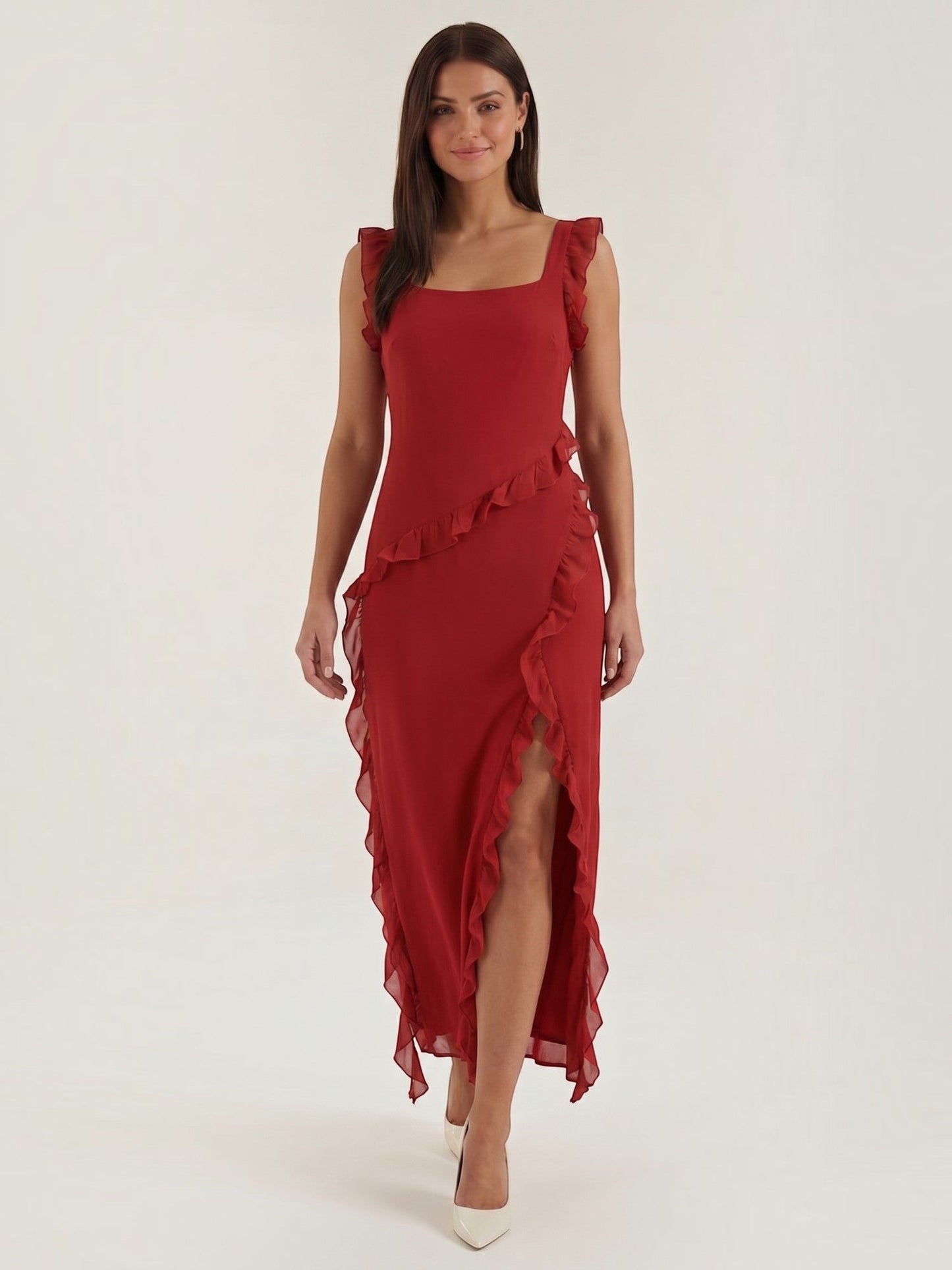 Ruffle Maxi Dress – Sleeveless Square Neck with Side Slit