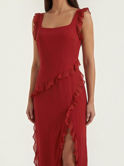 Ruffle Maxi Dress – Sleeveless Square Neck with Side Slit