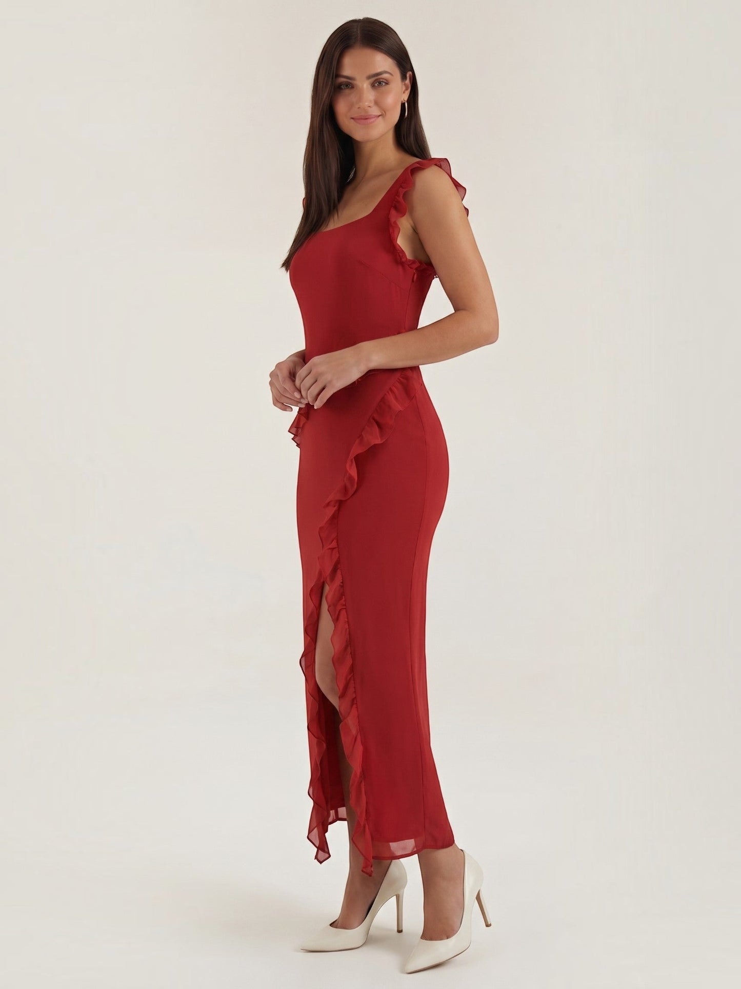 Ruffle Maxi Dress – Sleeveless Square Neck with Side Slit