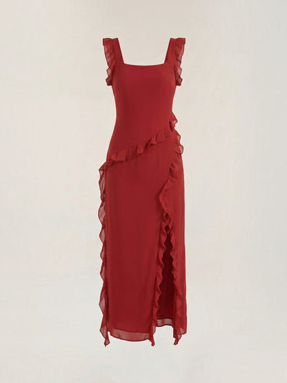 Ruffle Maxi Dress – Sleeveless Square Neck with Side Slit