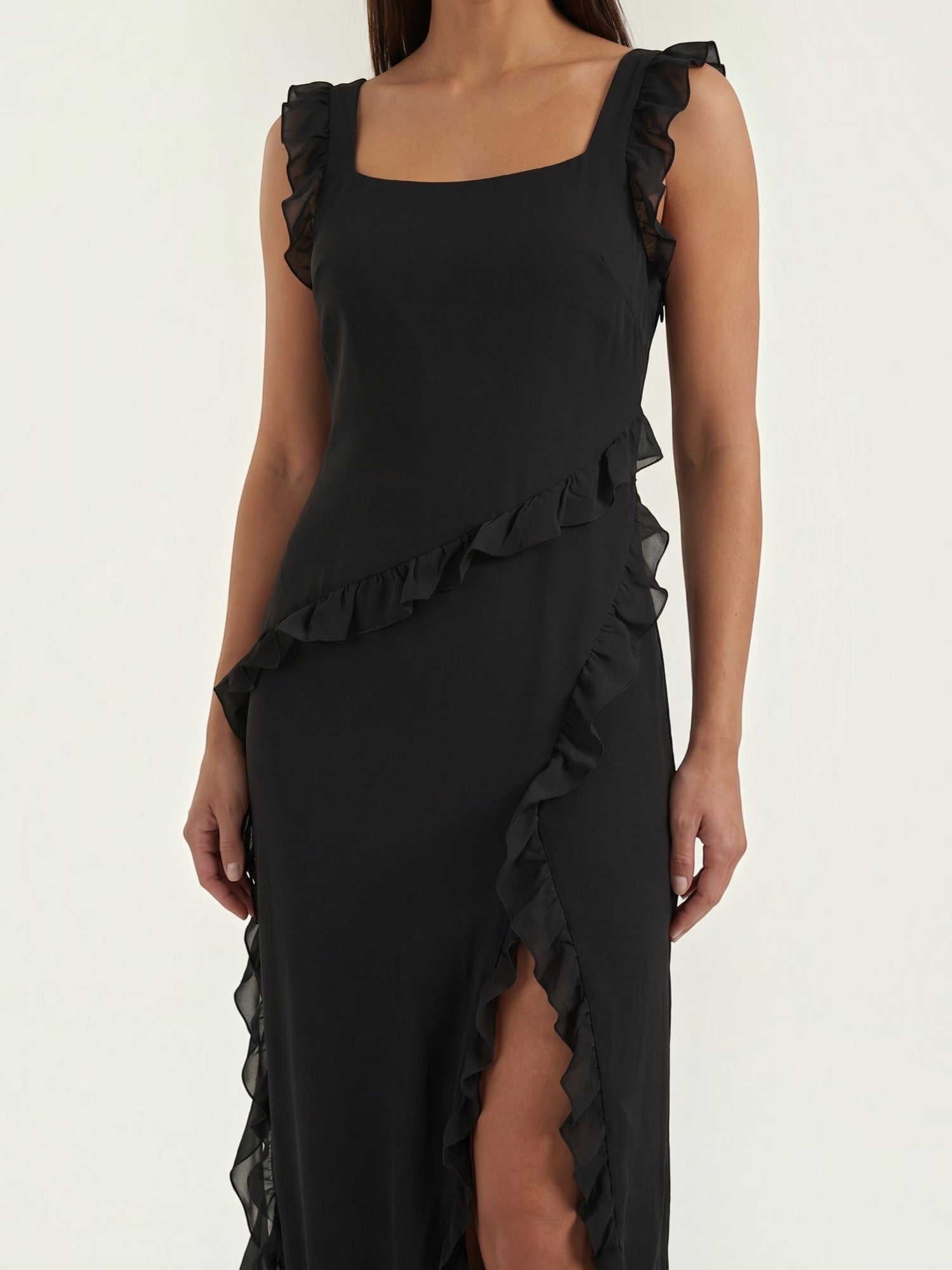Ruffle Maxi Dress – Sleeveless Square Neck with Side Slit