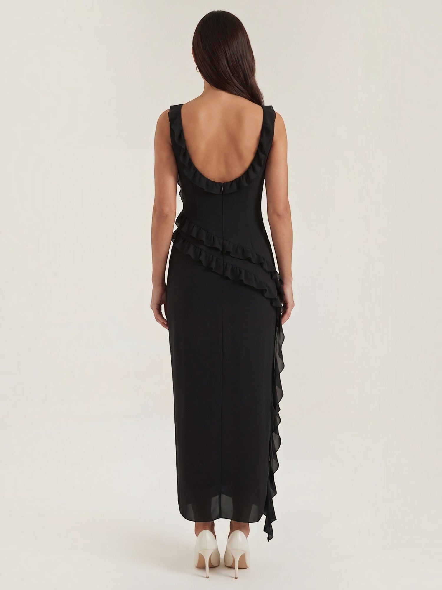 Ruffle Maxi Dress – Sleeveless Square Neck with Side Slit