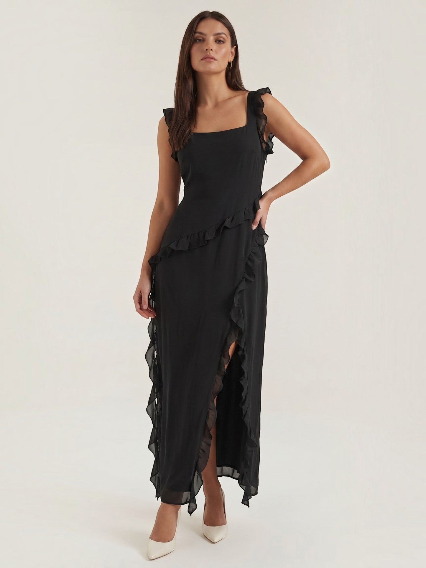 Ruffle Maxi Dress – Sleeveless Square Neck with Side Slit