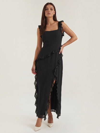 Ruffle Maxi Dress – Sleeveless Square Neck with Side Slit