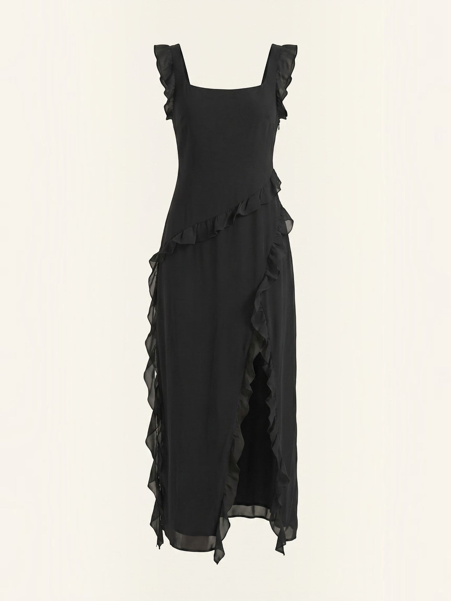 Ruffle Maxi Dress – Sleeveless Square Neck with Side Slit