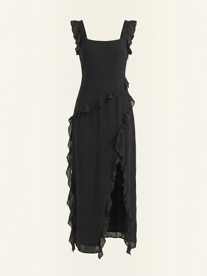 Ruffle Maxi Dress – Sleeveless Square Neck with Side Slit