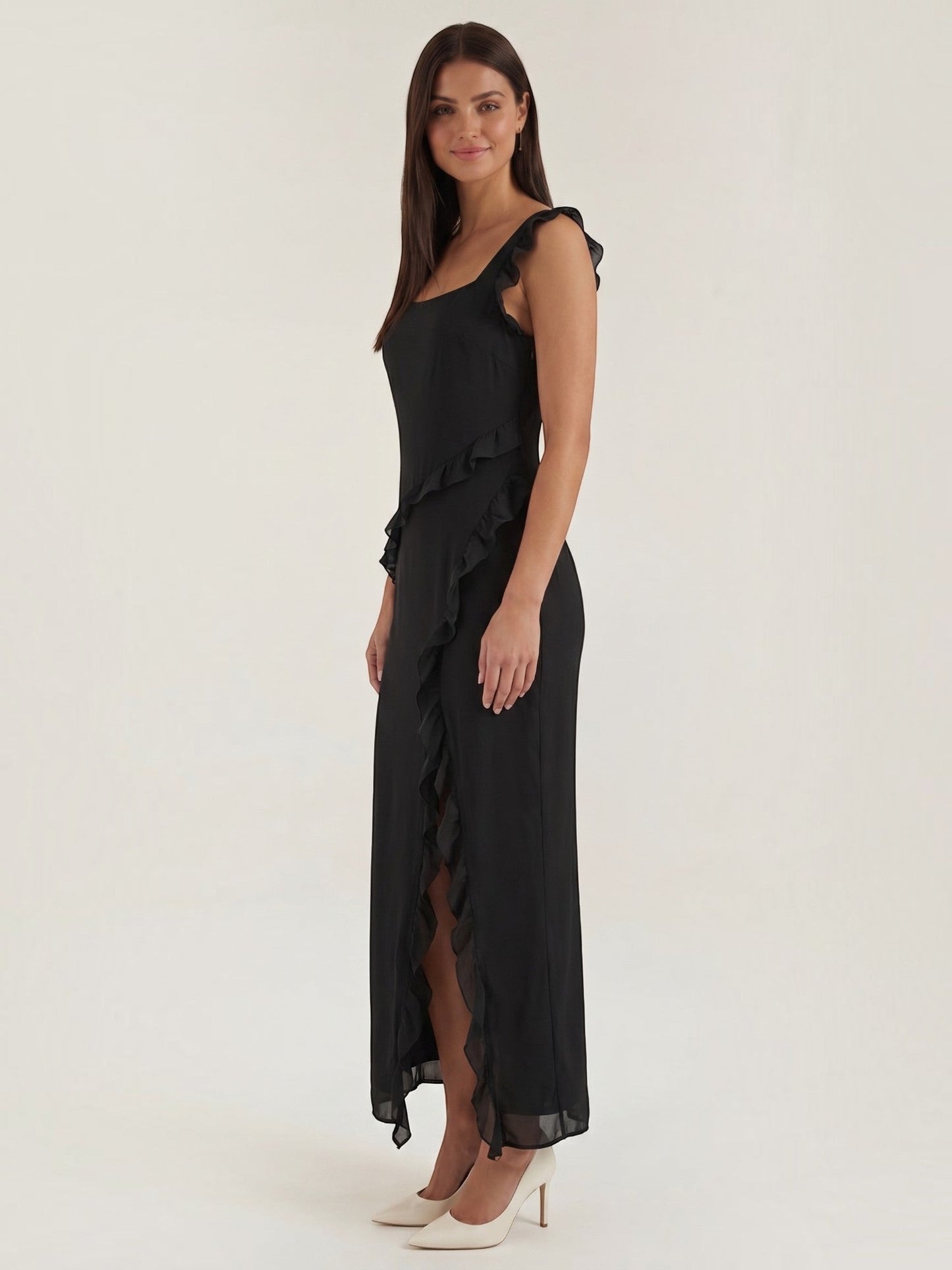 Ruffle Maxi Dress – Sleeveless Square Neck with Side Slit
