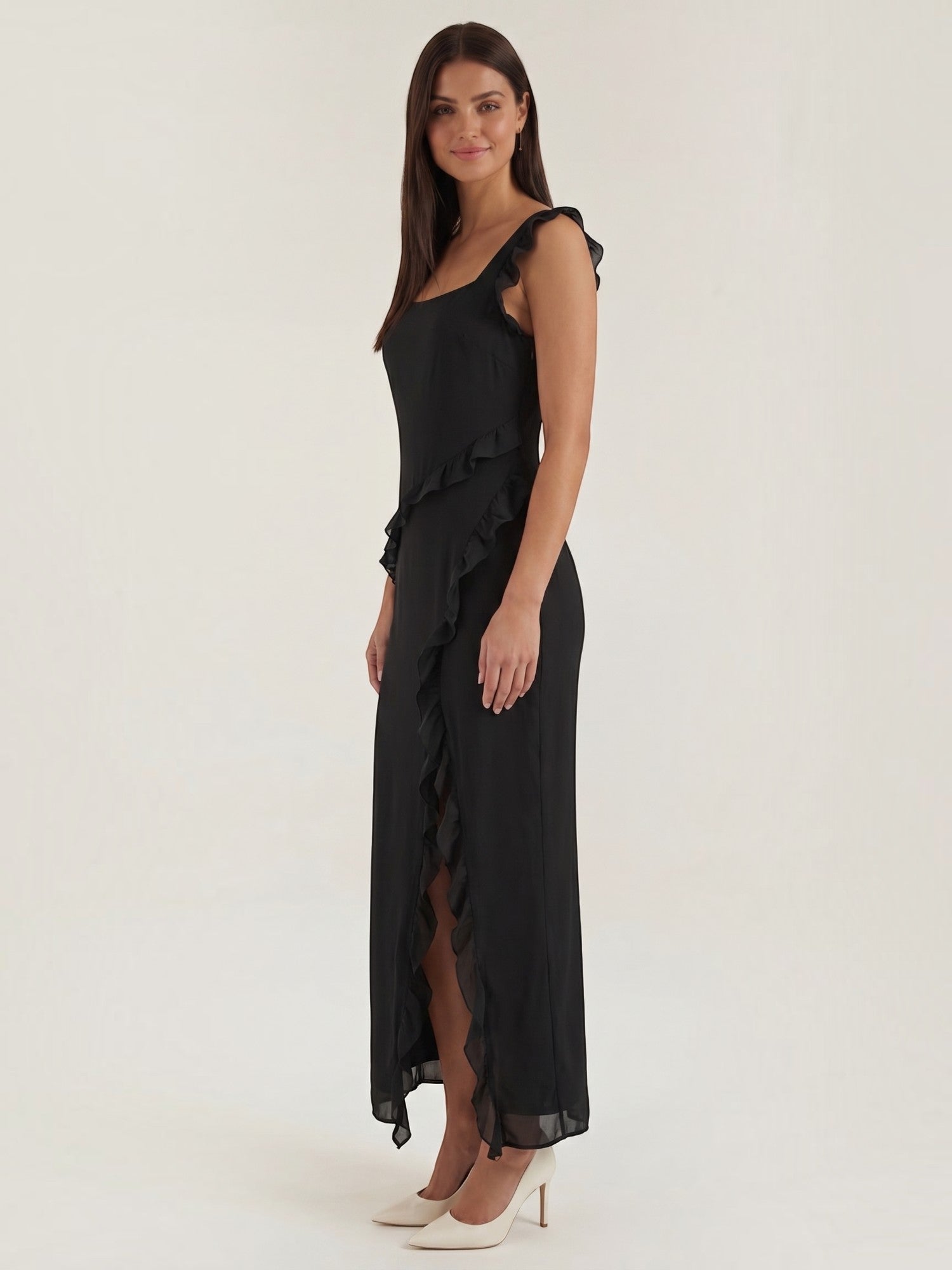 Ruffle Maxi Dress – Sleeveless Square Neck with Side Slit