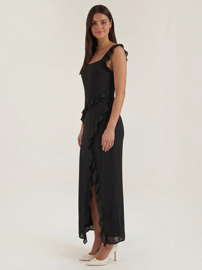 Ruffle Maxi Dress – Sleeveless Square Neck with Side Slit