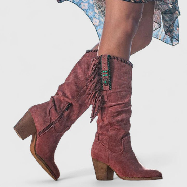 Suede Fringe Knee High Boots – Western Block Heel Side Zip