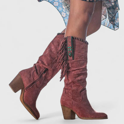 Suede Fringe Knee High Boots – Western Block Heel Side Zip