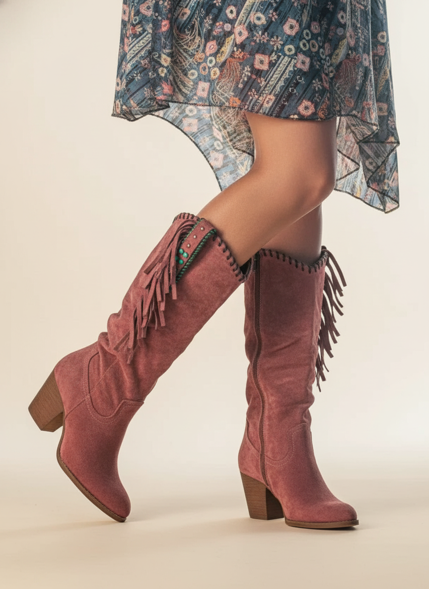 Suede Fringe Knee High Boots – Western Block Heel Side Zip