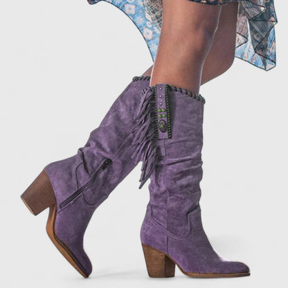 Suede Fringe Knee High Boots – Western Block Heel Side Zip