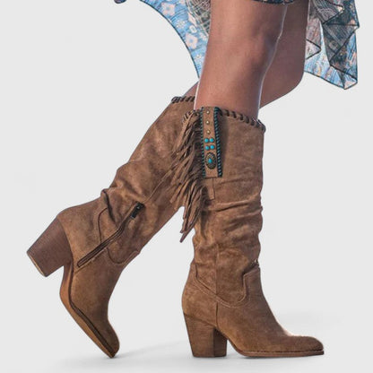 Suede Fringe Knee High Boots – Western Block Heel Side Zip