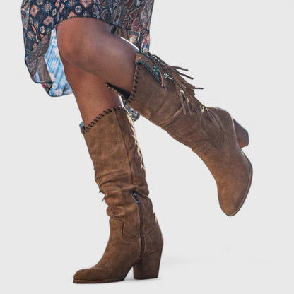 Suede Fringe Knee High Boots – Western Block Heel Side Zip