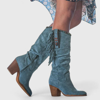 Suede Fringe Knee High Boots – Western Block Heel Side Zip