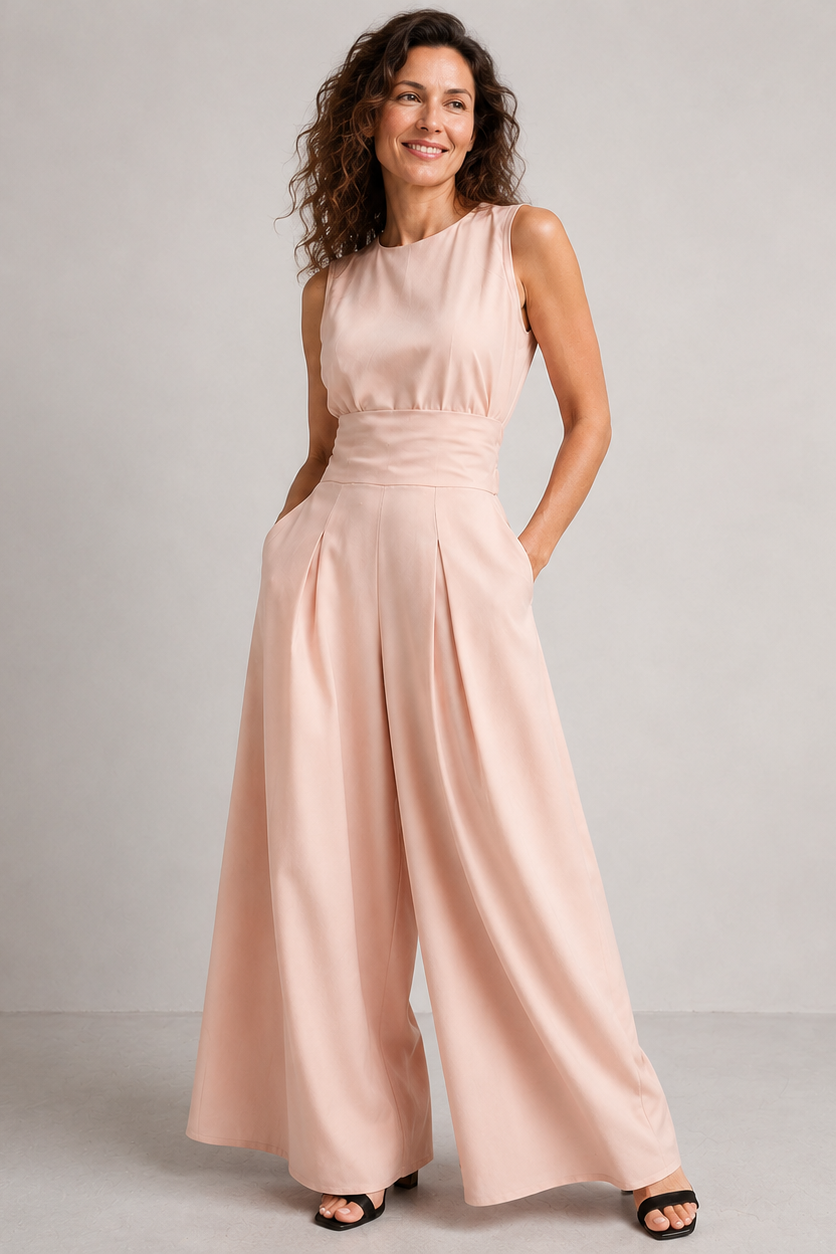 Wide-Leg Two-Piece Set – Sleeveless Mock Neck Top Pleated Trousers