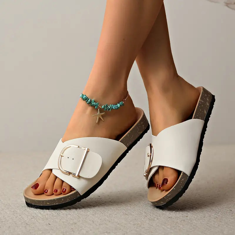 Cork Footbed Slide Sandals – Wide Strap Metal Buckle Open Toe