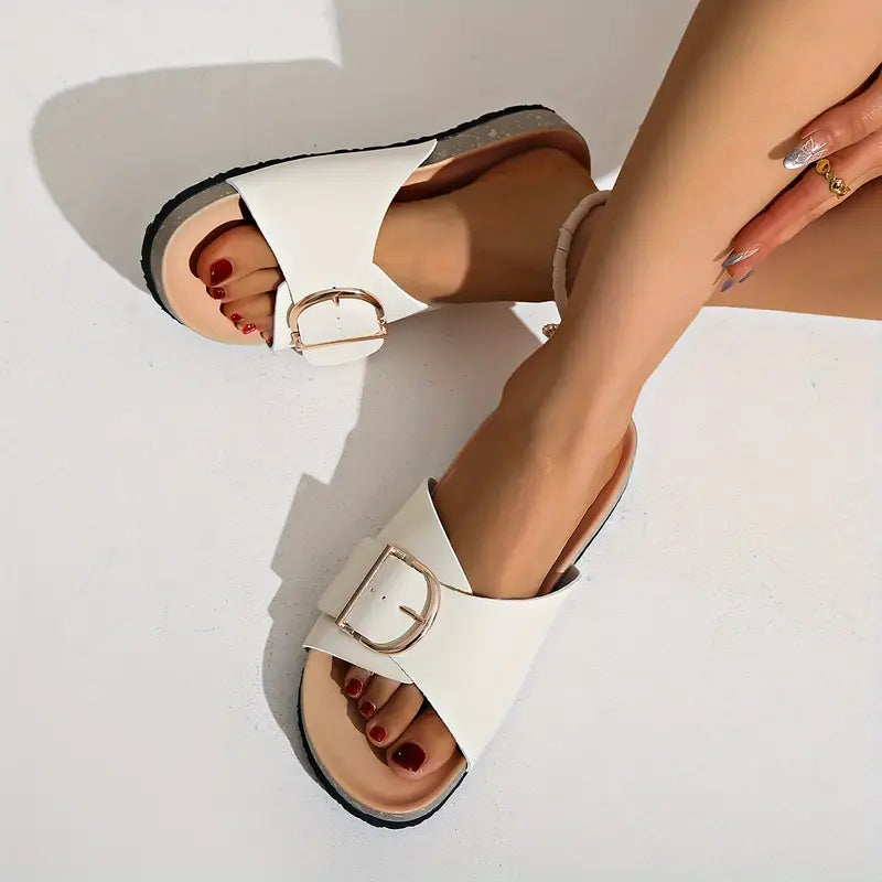 Cork Footbed Slide Sandals – Wide Strap Metal Buckle Open Toe