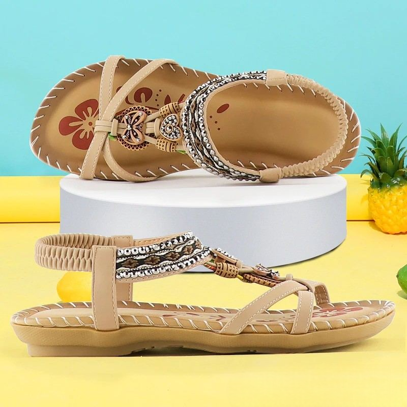 Boho Beaded Flat Sandals – Rhinestone Elastic Ankle Strap Summer Sandals