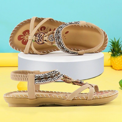 Boho Beaded Flat Sandals – Rhinestone Elastic Ankle Strap Summer Sandals