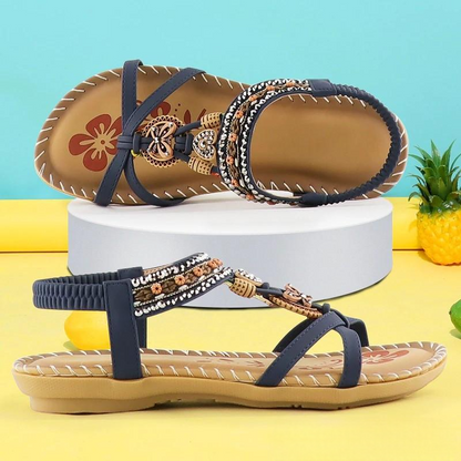 Boho Beaded Flat Sandals – Rhinestone Elastic Ankle Strap Summer Sandals