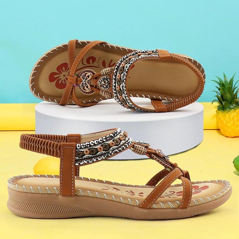 Boho Beaded Flat Sandals – Rhinestone Elastic Ankle Strap Summer Sandals
