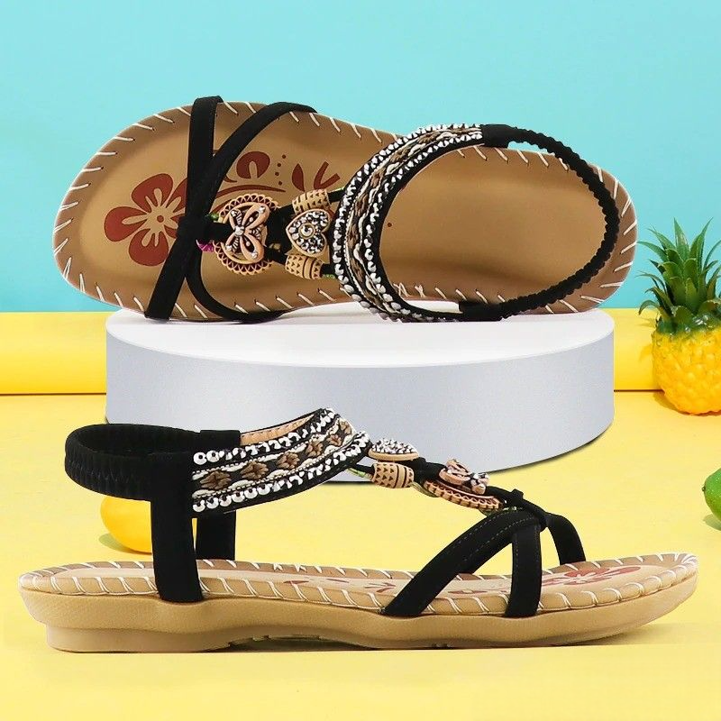 Boho Beaded Flat Sandals – Rhinestone Elastic Ankle Strap Summer Sandals