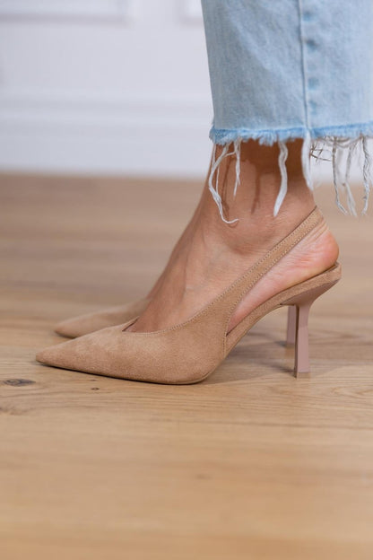 Suede Slingback Kitten Heel Pumps – Pointed Toe Nude Heels