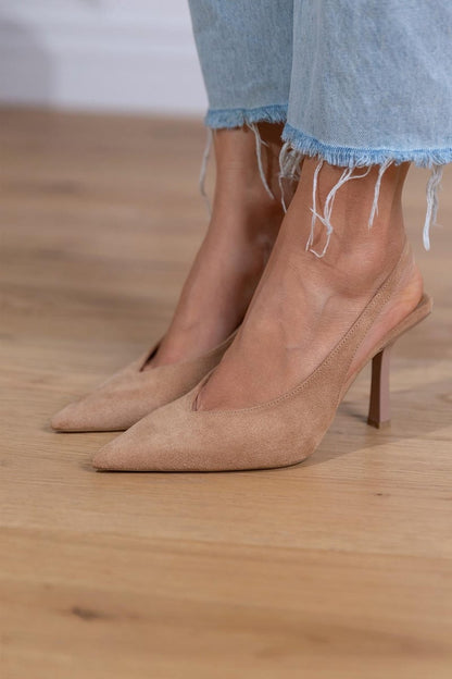 Suede Slingback Kitten Heel Pumps – Pointed Toe Nude Heels