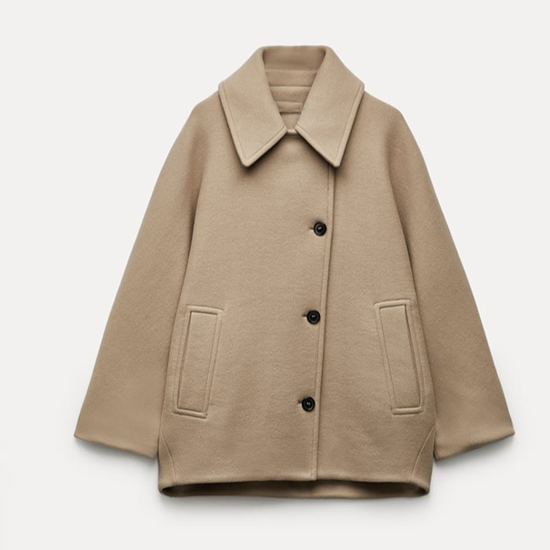 Short Oversized Wool-Blend Coat – Boxy Button-Front Winter Coat