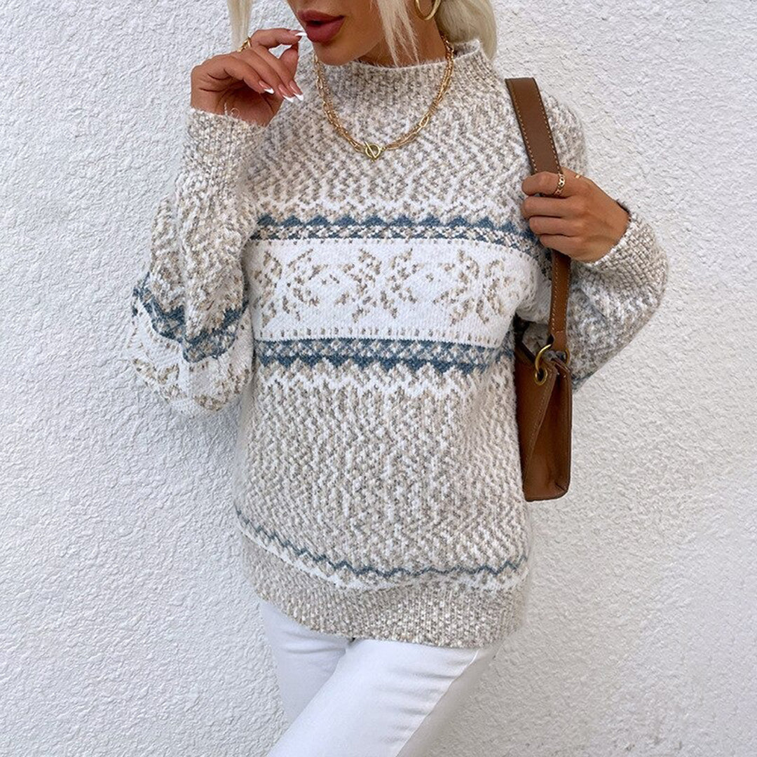 Fair Isle Snowflake Knit Pullover Sweater – Relaxed Mock Neck Winter Sweater