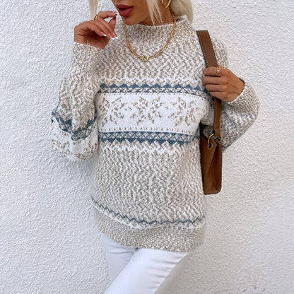 Fair Isle Snowflake Knit Pullover Sweater – Relaxed Mock Neck Winter Sweater